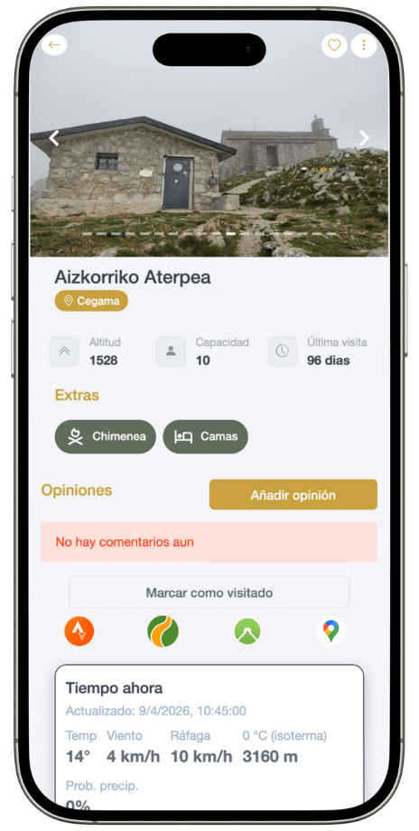 Pantalla con información de refugio de montaña con altitud capacidad y servicios